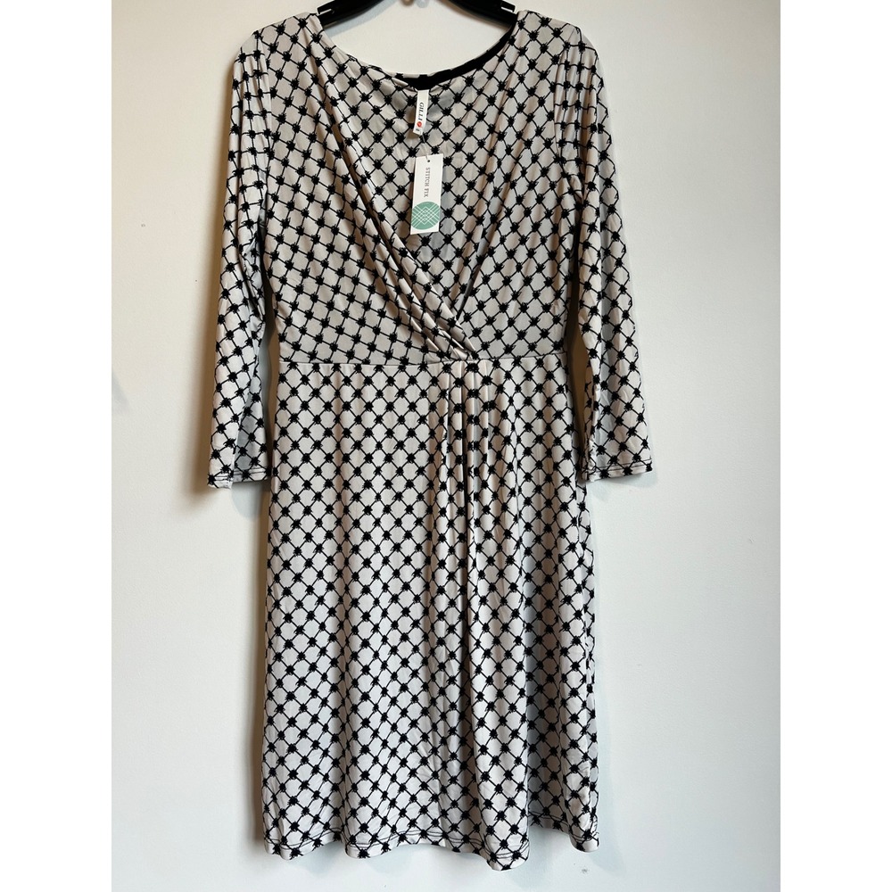 GILLI Viola Jersey Women's Black White Geometric Print Faux Wrap Midi Dress Sz M
